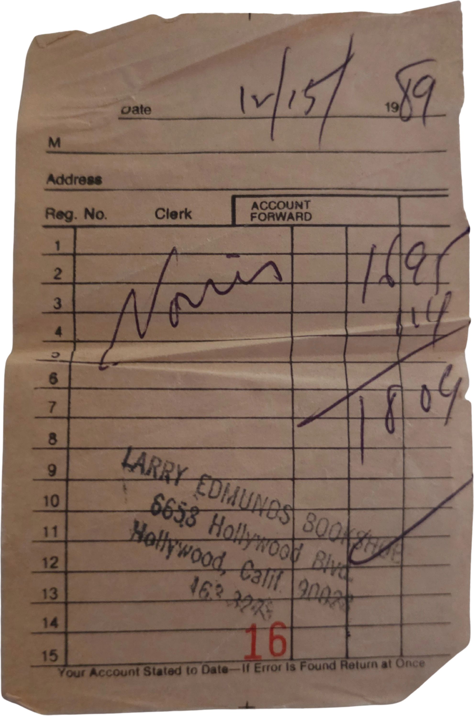 Original receipt from Larry Edmunds Bookshop, Hollywood Boulevard, documenting the purchase of the book on the day of Chuck Norris’s Walk of Fame ceremony.