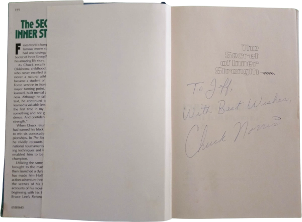 Inscription from Chuck Norris: “To Jeff, With Best Wishes, Chuck Norris.”