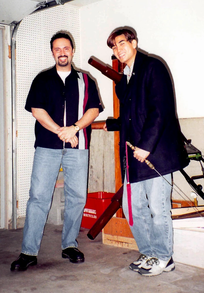 Philip and I With the Practice Wooden Dummy